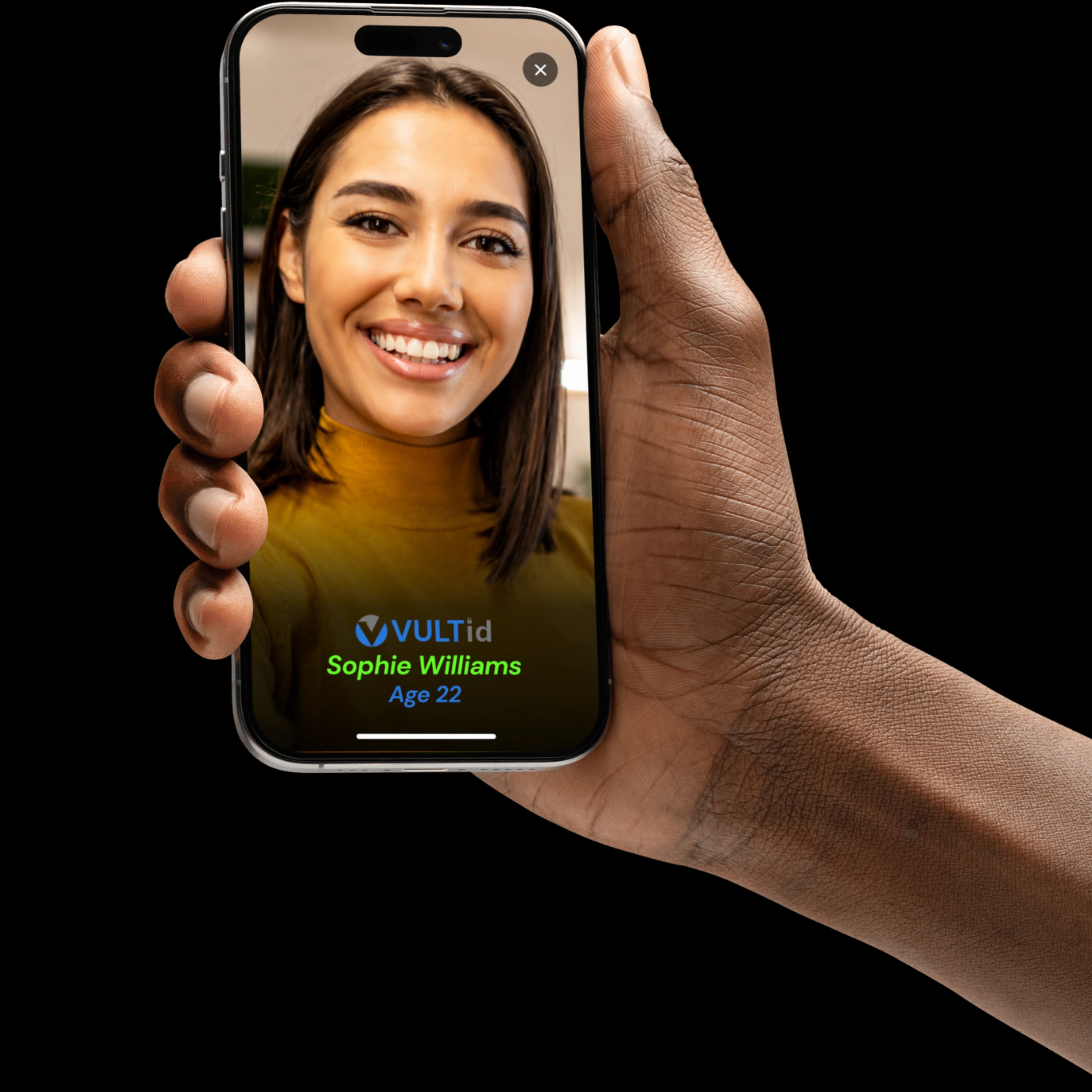 A hand holding a phone with Sophie Williams verified in VULTid