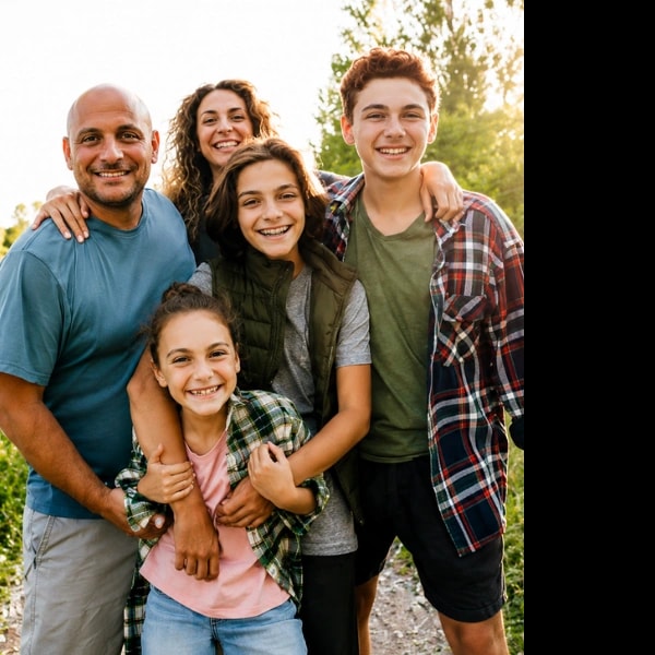 A family of five smiling together outdoors