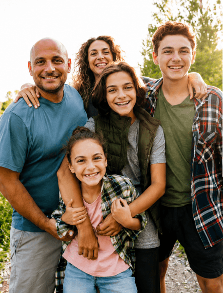 A family of five smiling together outdoors